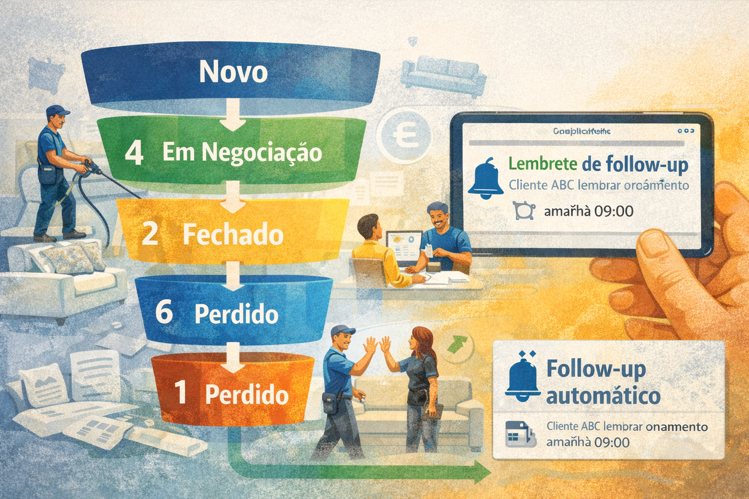 Funil de orçamento com etapas e follow-up automático para empresas de limpeza de sofá