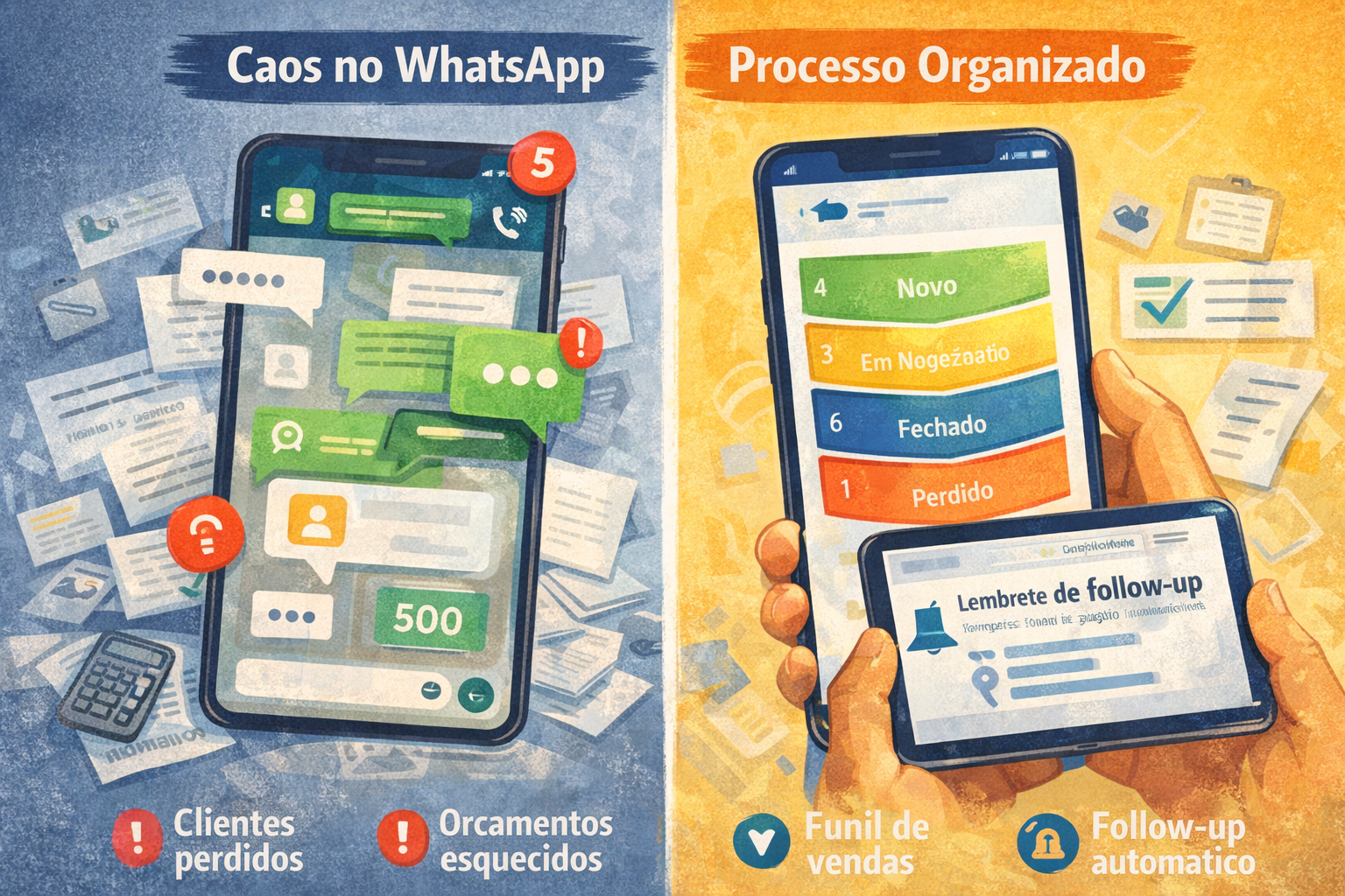Comparação visual entre caos no WhatsApp e processo organizado com status de orçamento